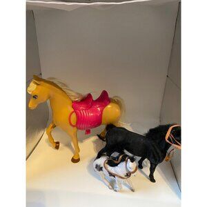 Lot Of Three Toy Horses With Accessories - Black White & Yellow With Pink Saddle